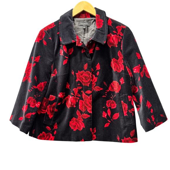 Talbots Blazer Womens 10 Black Red Rose Velvet Button Up Crop Jacket + Pockets - Picture 1 of 7